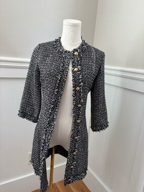 Zara Tweed Jacket Dress Black White Gold Button NWT XS
